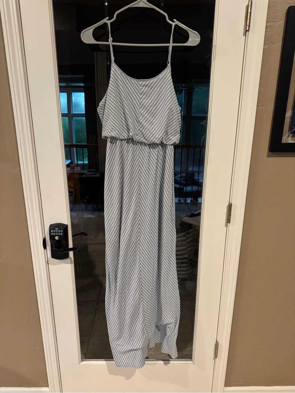 Light Grey and White Striped Spaghetti Strap Maxi Dress